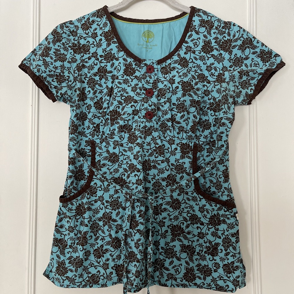 Healing Hands Scrub Top Womens Small Blue Floral 2 Pocket Medical Uniform Cotton